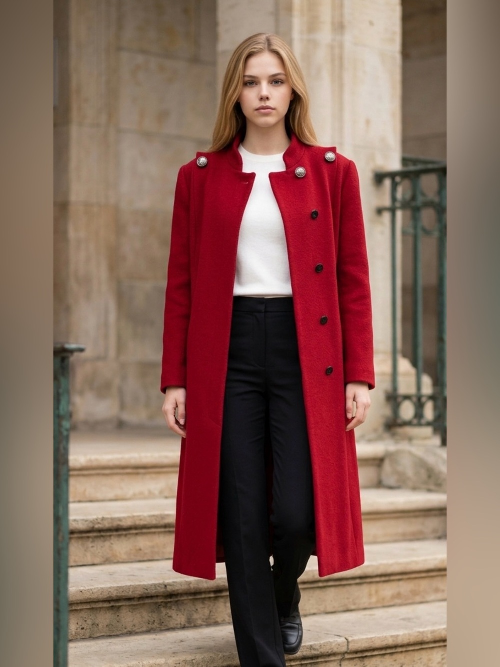 Women's Red Pure Virgin Wool Straight Coat with Decorative Buttons